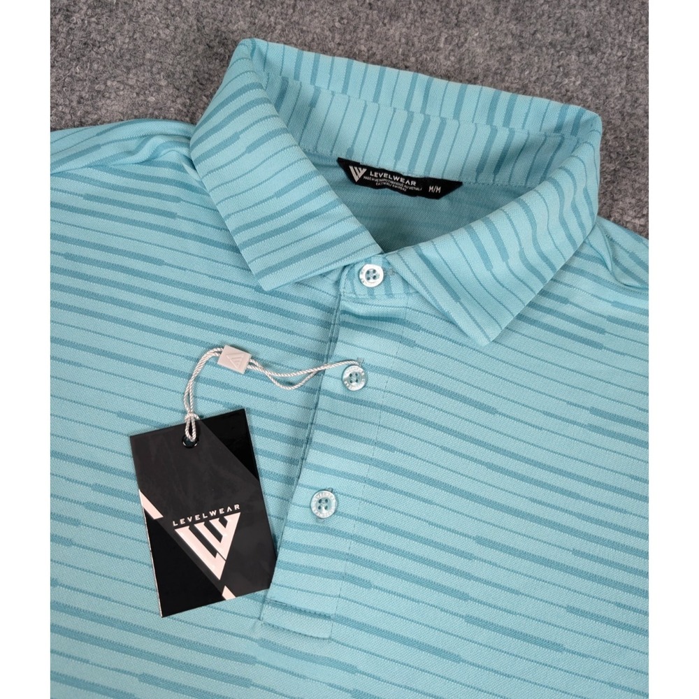 Levelwear Cruz Polo‎ Shirt Mens Medium Marine Blue Striped Performance NWT